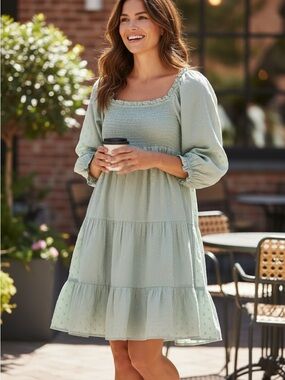 Posh Light Sage Green Smocked Square-Neck Tiered Mini Dress
